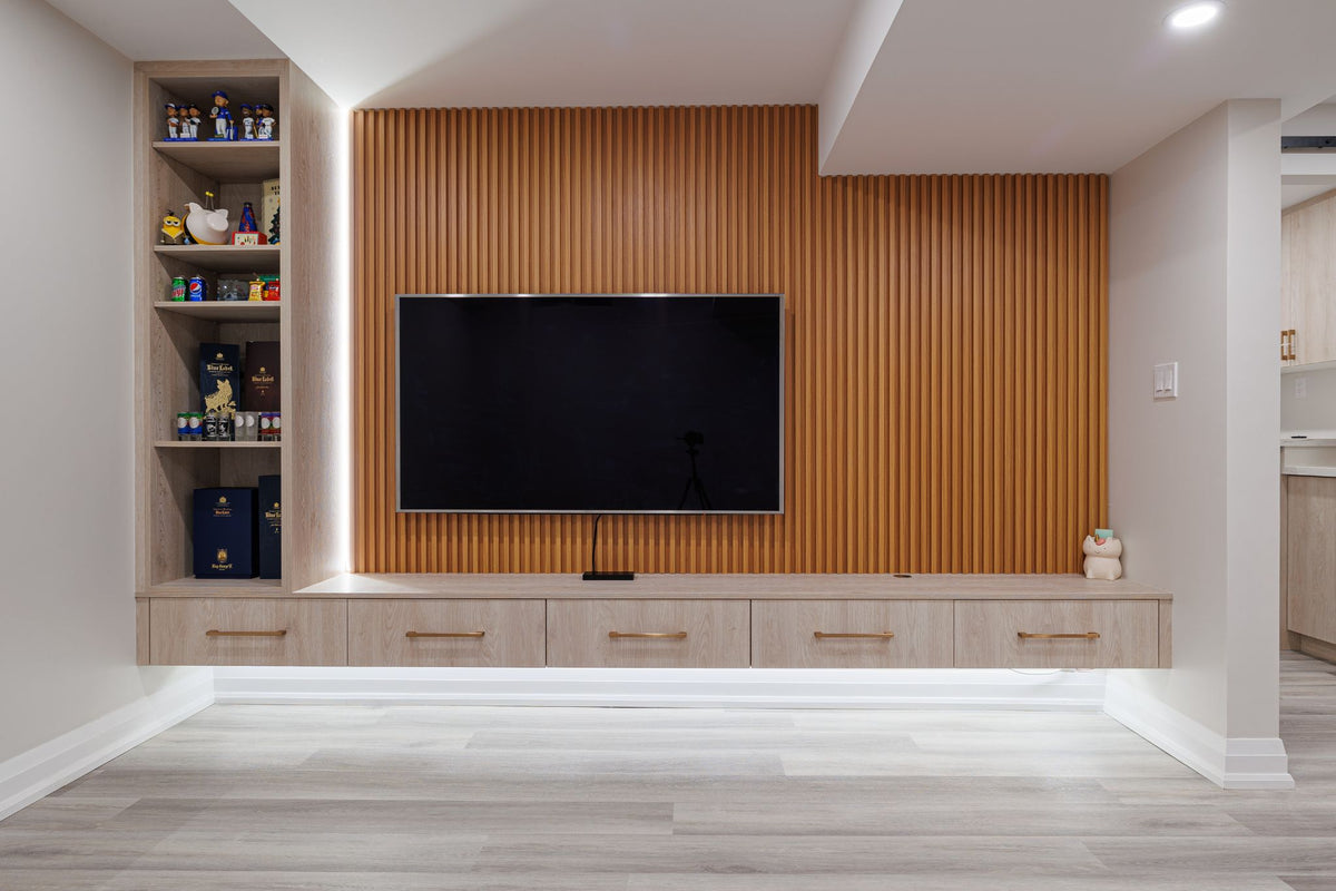 Natural Oak slat wall panel custom TV feature wall with floating console in Markham Ontario by RichVaugh