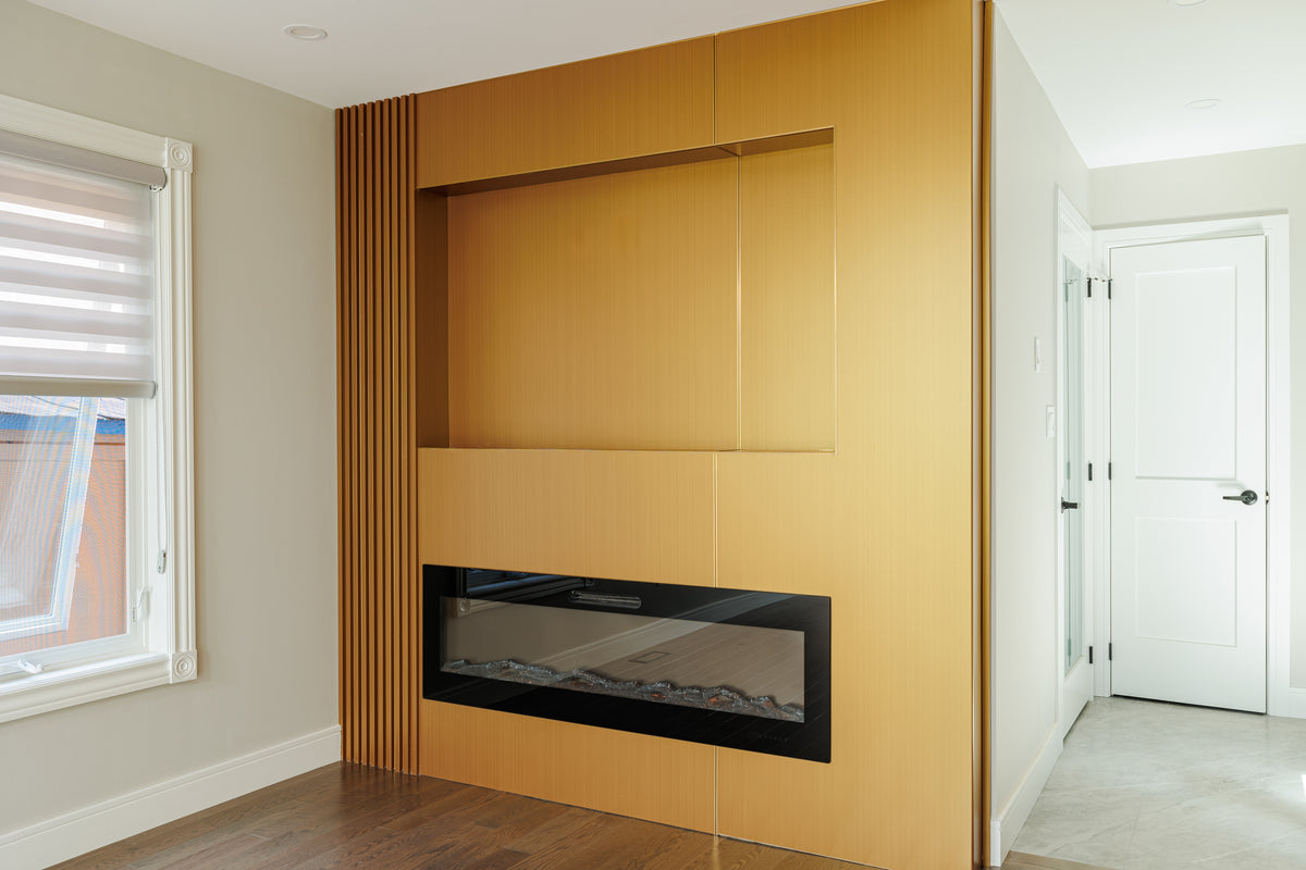 Metal Gold slat and large wall panel fireplace feature wall in Markham Ontario by RichVaugh