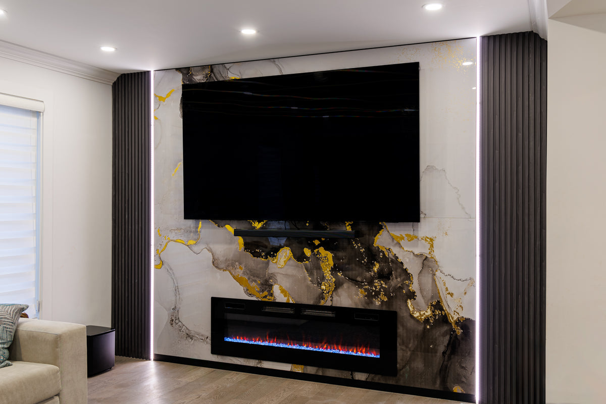 Marble and wood black fireplace TV wall in Mississauga by RichVaugh