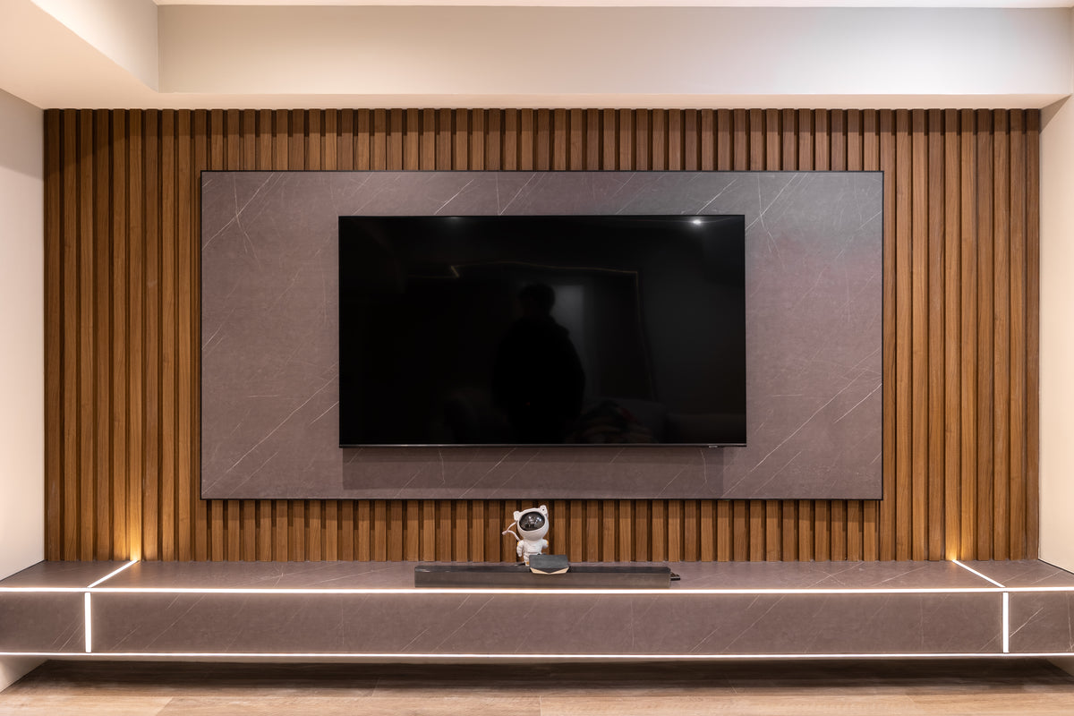 Wood brown slat and stone gray TV wall with LED console in Thornhill by RichVaugh