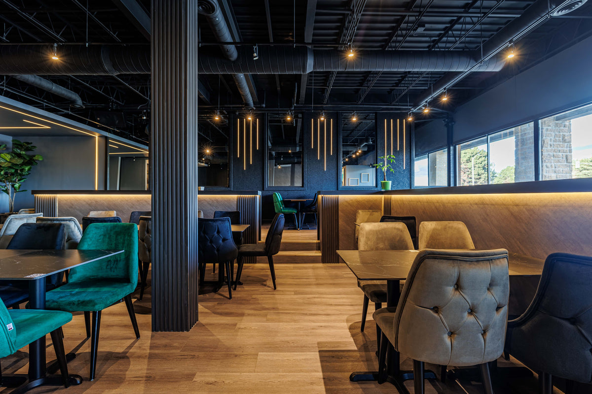 RichVaugh Wood Black slat and Bulk Gray large wall panel installation for a bar and lounge in Richmond Hill Ontario