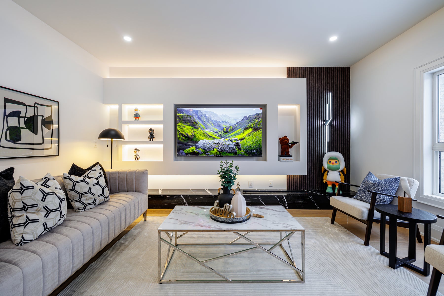 Alternate view of RichVaugh Wood Black slat custom TV wall in Markham Ontario