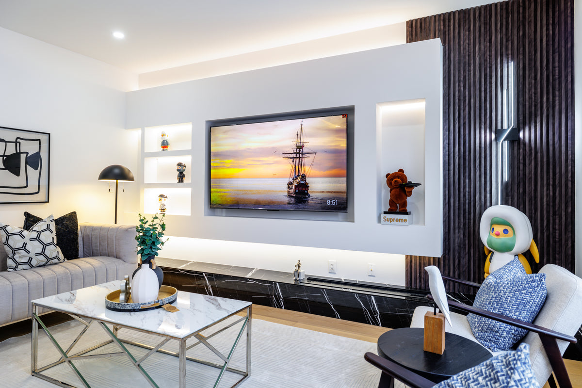 Wood Black slat wall panel custom TV feature wall with display niches and media storage in Markham Ontario by RichVaugh