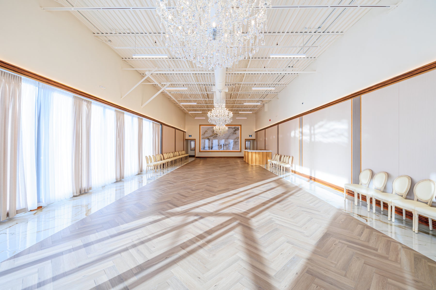 Commercial wedding hall wall panel installation with bar area in Mississauga Ontario