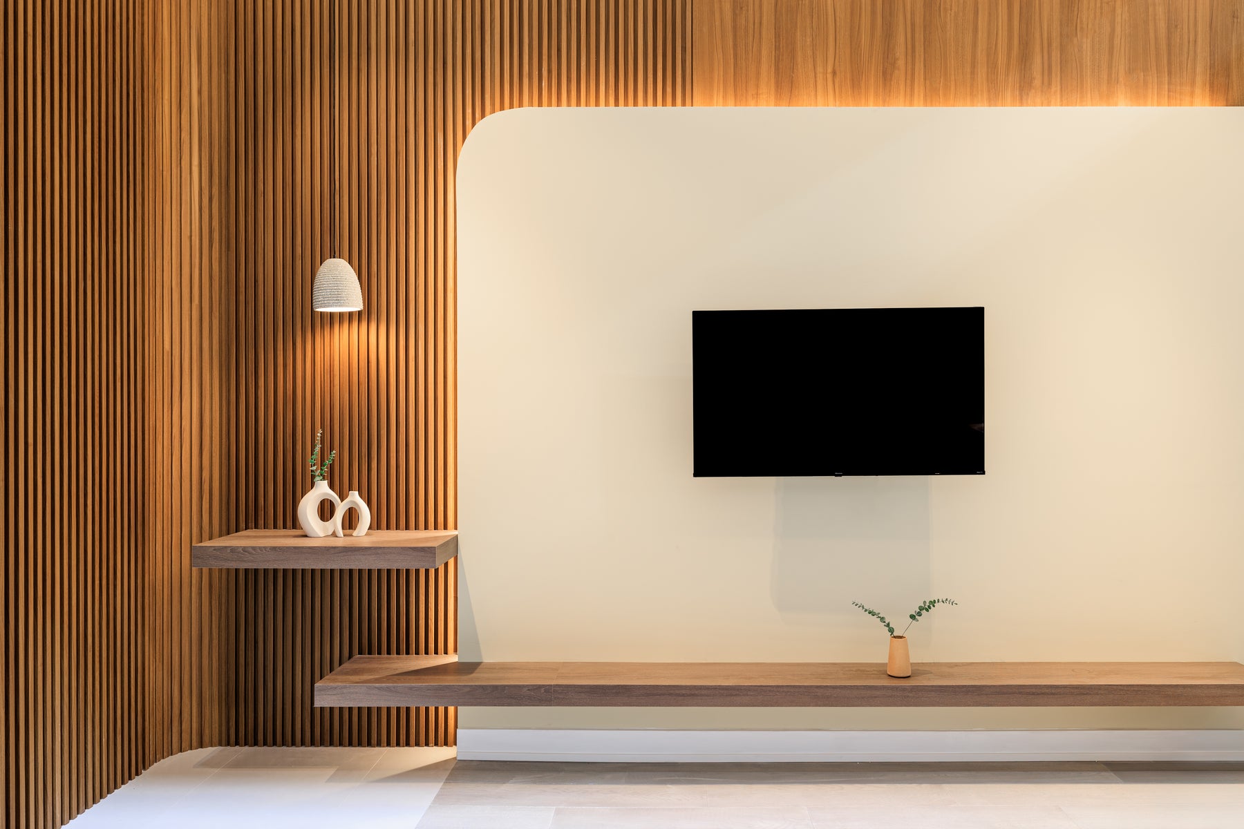 Alternate view of RichVaugh Wood Brown slat and large wall panel TV feature wall in Markham Ontario