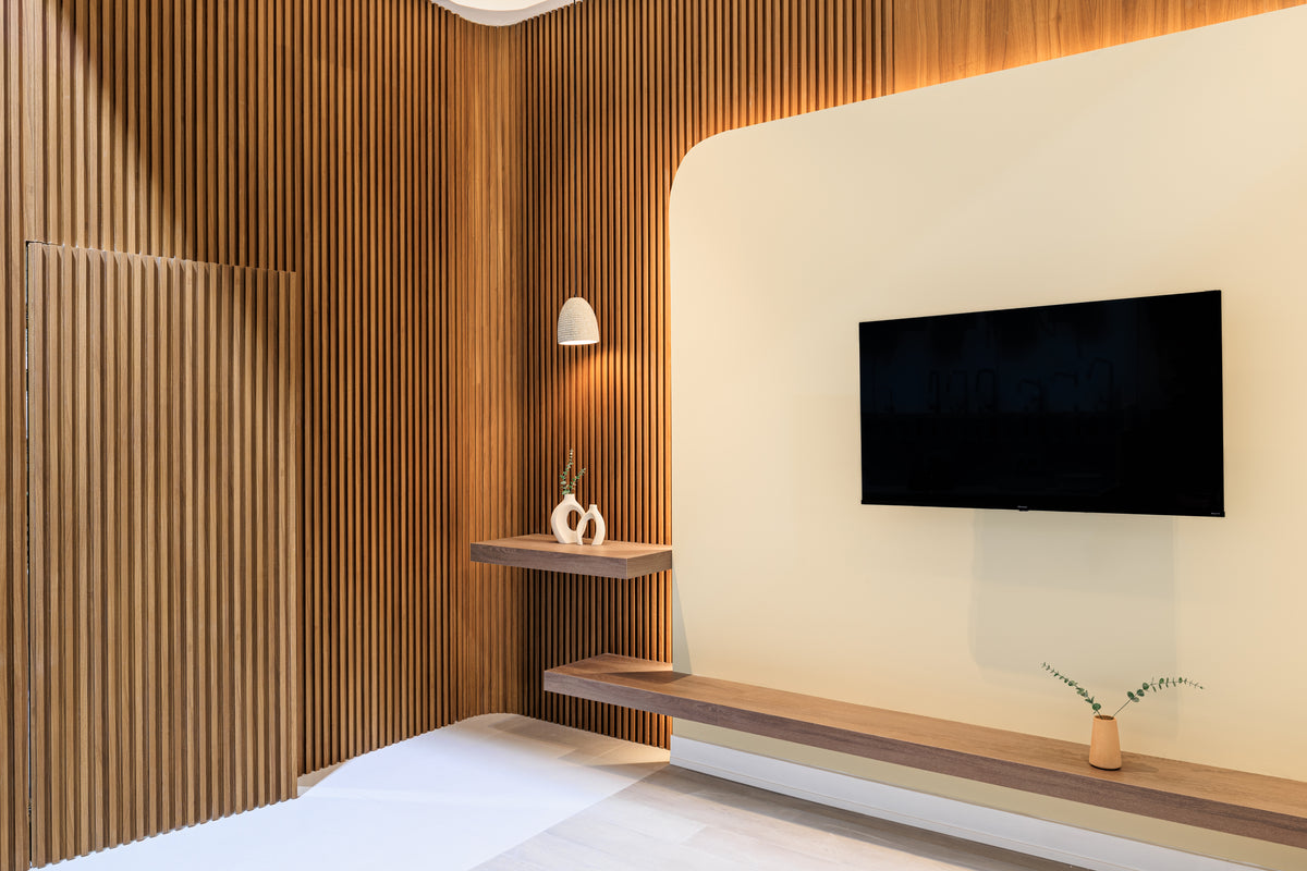 Wood Brown slat and large wall panel TV feature wall with rounded corner in Markham Ontario by RichVaugh