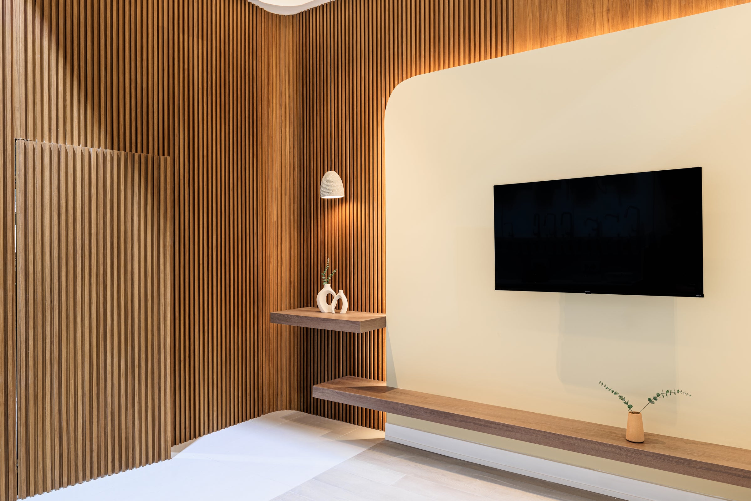 Wood Brown Curved TV Feature Wall in Markham - Markham, Ontario - RichVaugh Wall Panel