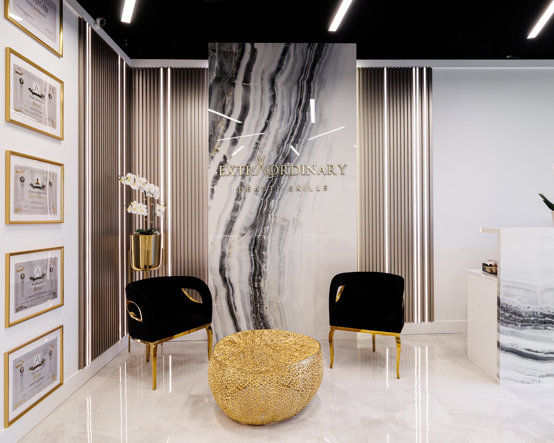 Metal Silver Gold and Blue slat wall panels in a Richmond Hill beauty salon reception by RichVaugh