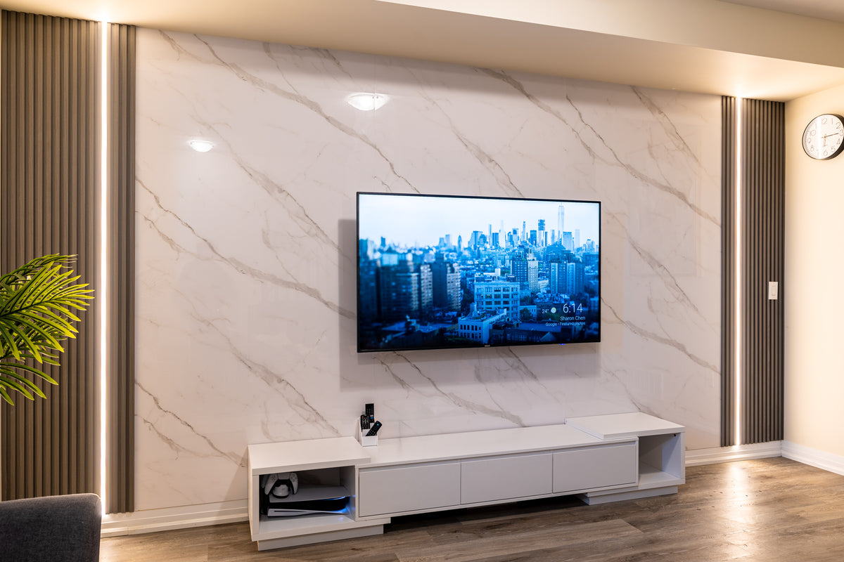 Dark gray slat and marble TV wall installation in Hamilton by RichVaugh
