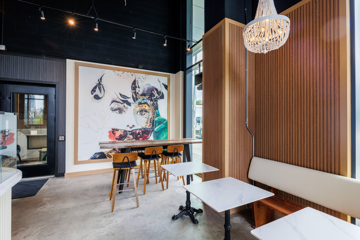 RichVaugh Wood Oak and Wood Black slat wall panel installation for a commercial cafe interior in Toronto Ontario