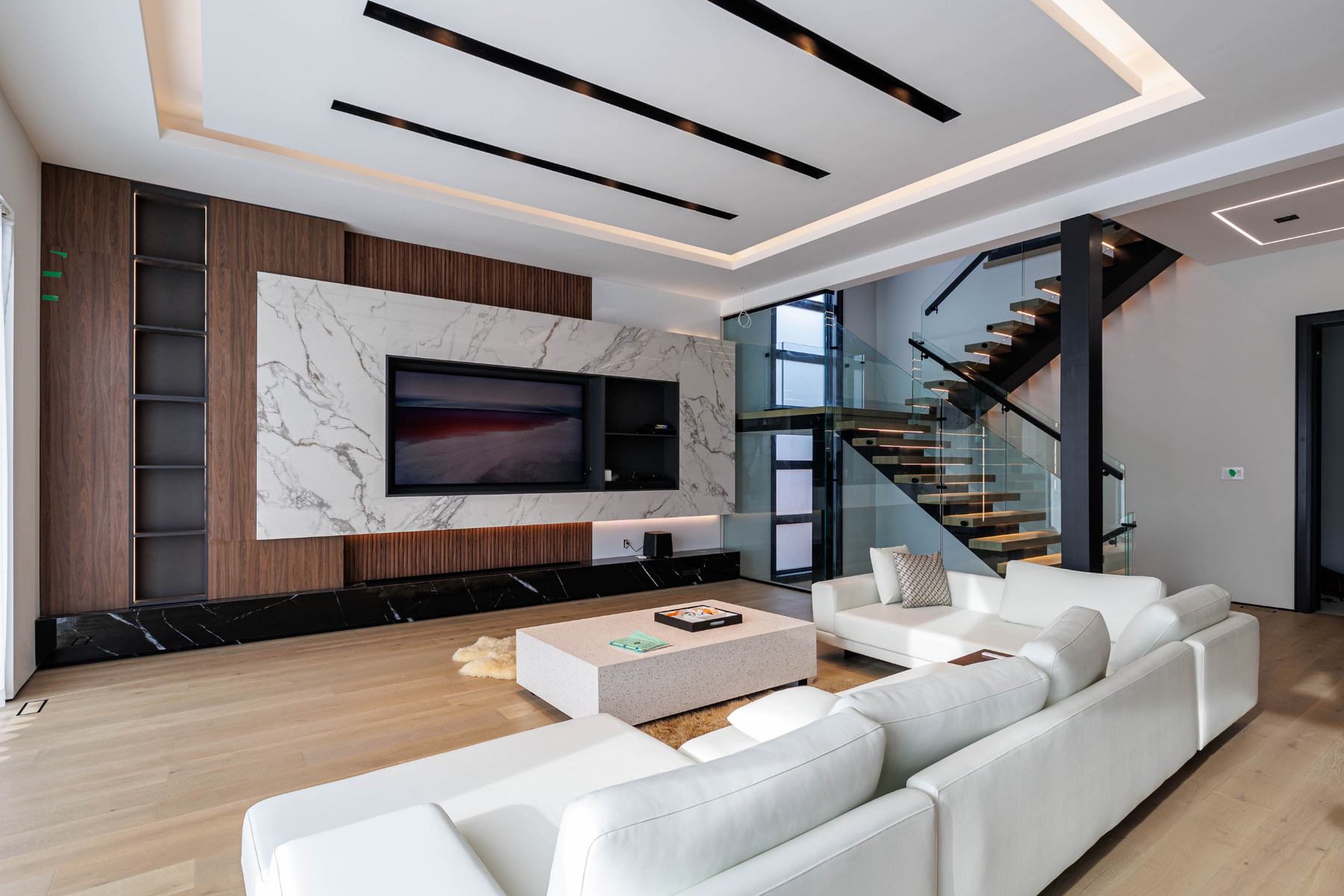 Alternate view of RichVaugh Wood Brown slat custom TV wall in Richmond Hill Ontario