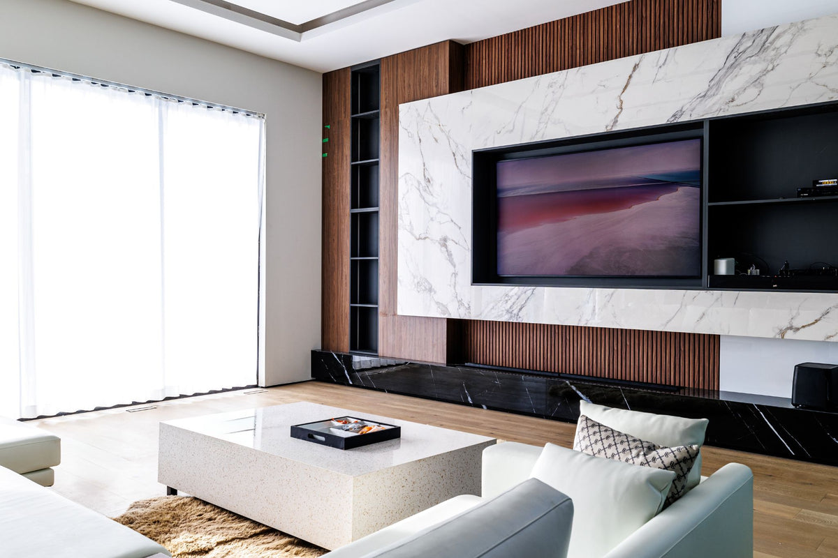 Wood Brown slat wall panel custom TV feature wall with shelving in Richmond Hill Ontario by RichVaugh
