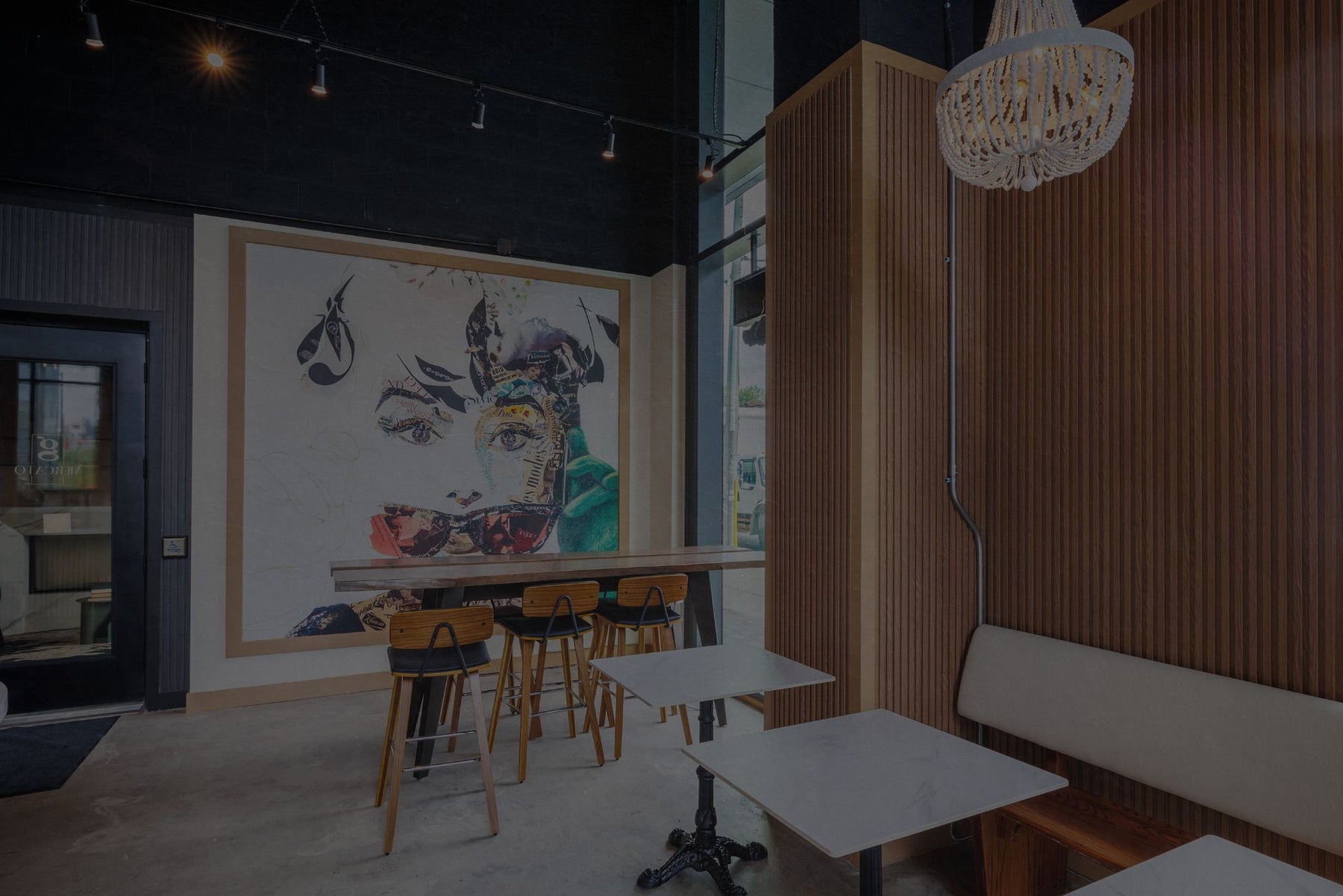 Wood Oak and Wood Black interior slat wall panels installed in a modern Toronto café by RichVaugh