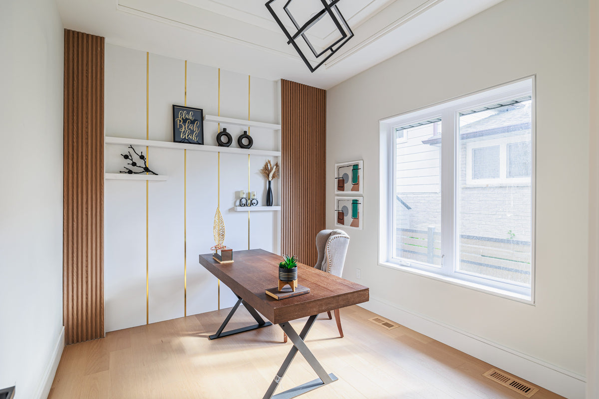Markham home office with wood-tone slats, white display shelves and vertical accent lighting.