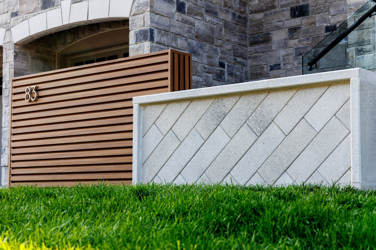 Markham exterior address wall with horizontal Wood Brown slats, house numbers and a pale decorative screen.