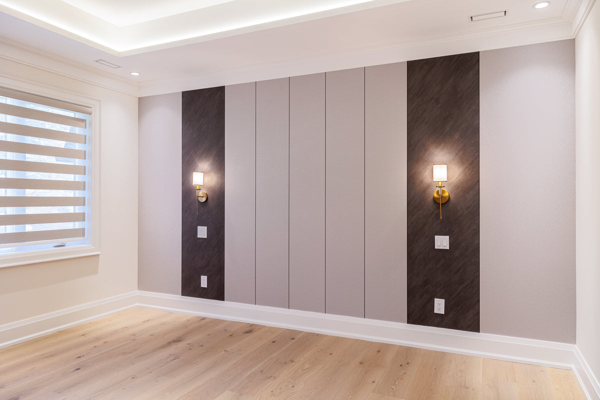 Angled view of the neutral panel feature wall beside a window in a North York custom home.