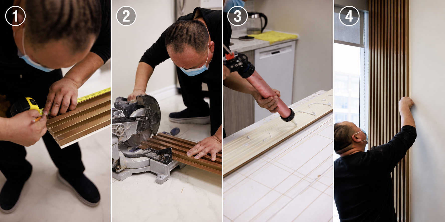 Real slat wall panel installation in Toronto: measuring, cutting with a miter saw, applying adhesive and fitting the panel