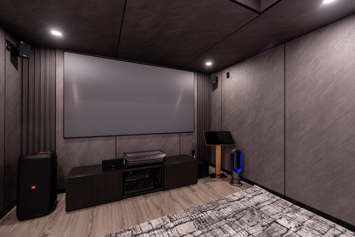 Vaughan home theatre with gray panel walls and ceiling around a projection screen.